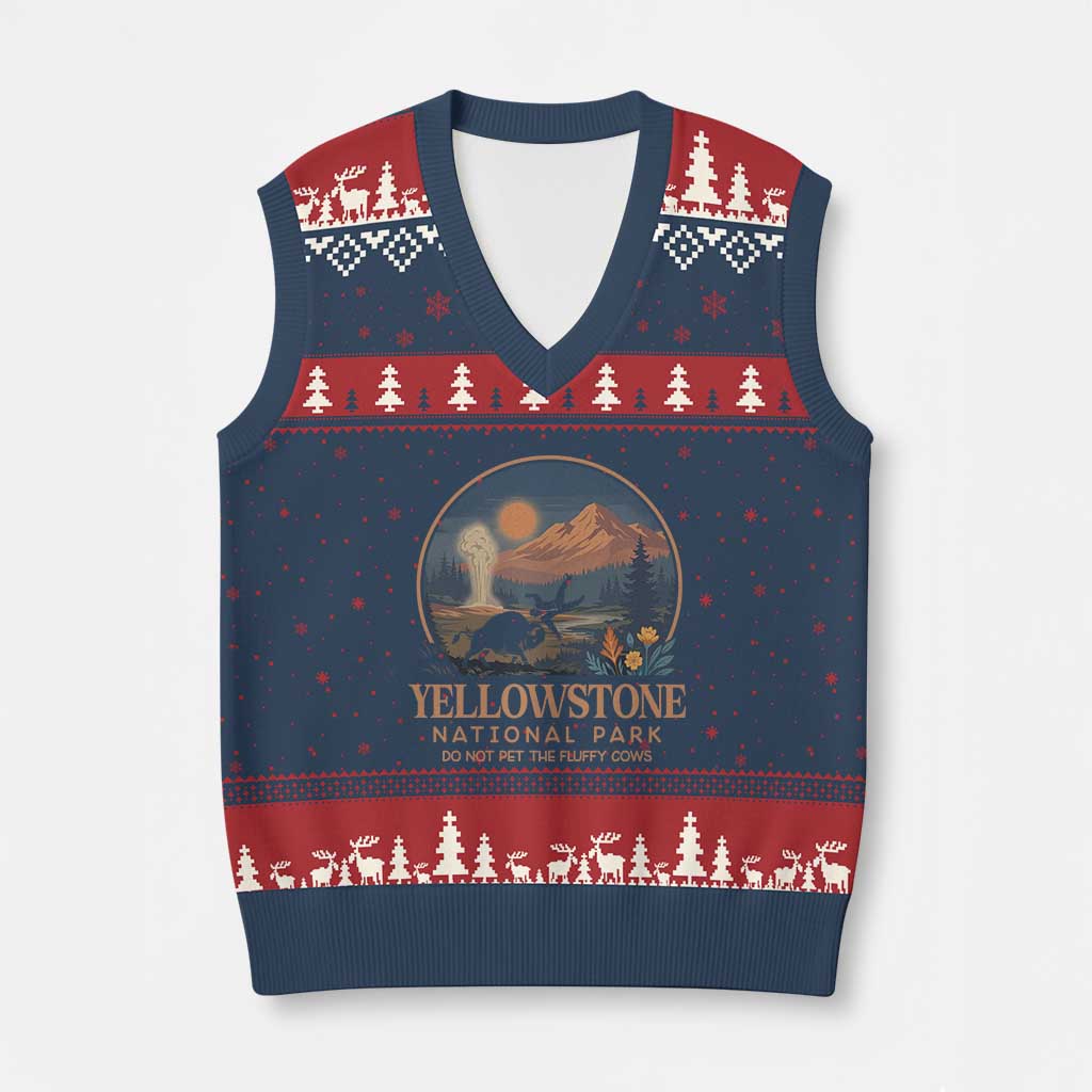 Yellowstone National Park Do Not Pet The Fluffy Cows V-Neck Knit Sweater Vest Amusing Bison Encounter Campsite Toss TS12 Navy Red Print Your Wear