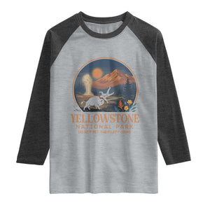 Yellowstone National Park Do Not Pet The Fluffy Cows Raglan Shirt Amusing Bison Encounter Campsite Toss