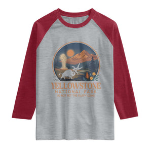 Yellowstone National Park Do Not Pet The Fluffy Cows Raglan Shirt Amusing Bison Encounter Campsite Toss
