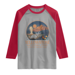 Yellowstone National Park Do Not Pet The Fluffy Cows Raglan Shirt Amusing Bison Encounter Campsite Toss