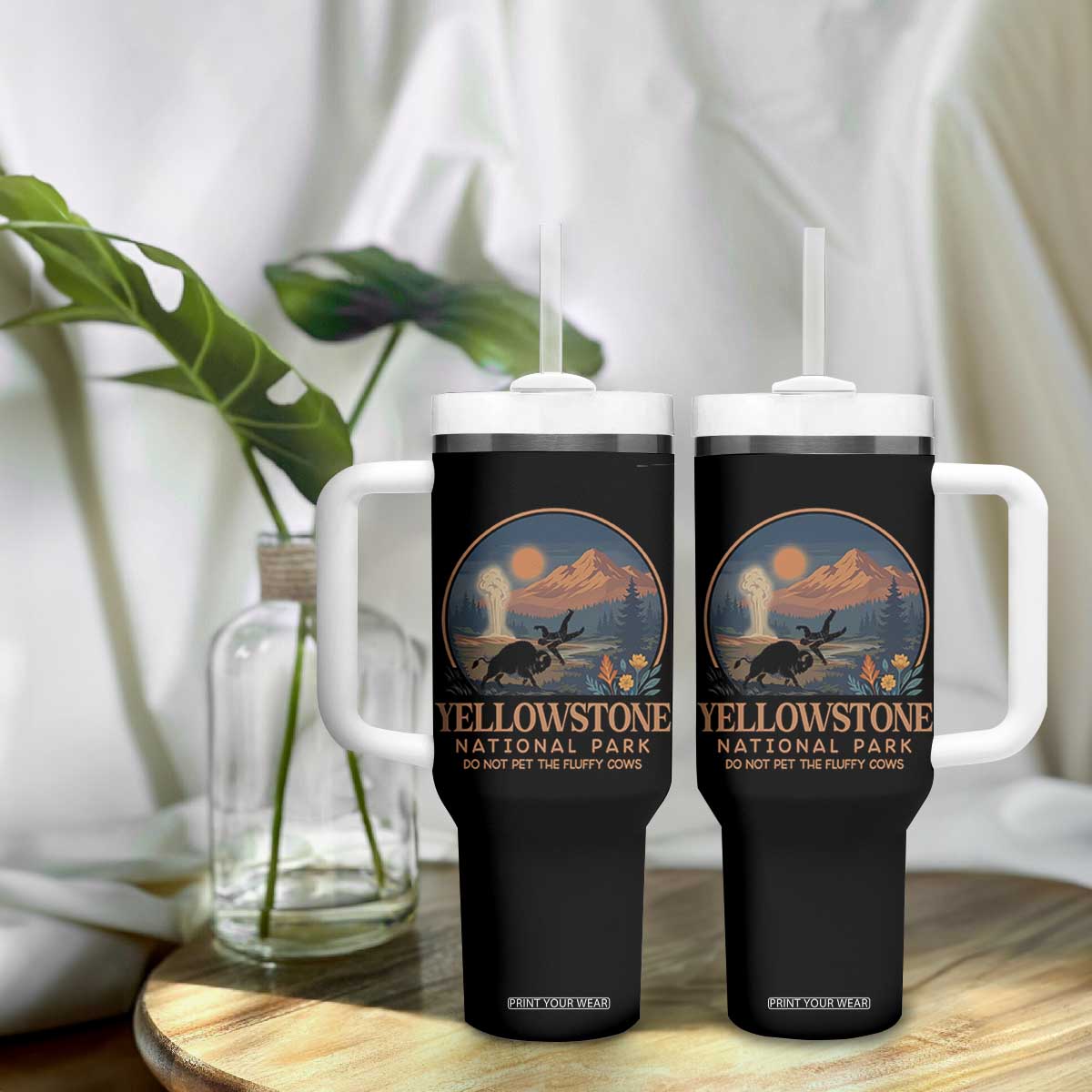 Yellowstone National Park Do Not Pet The Fluffy Cows Tumbler With Handle Amusing Bison Encounter Campsite Toss