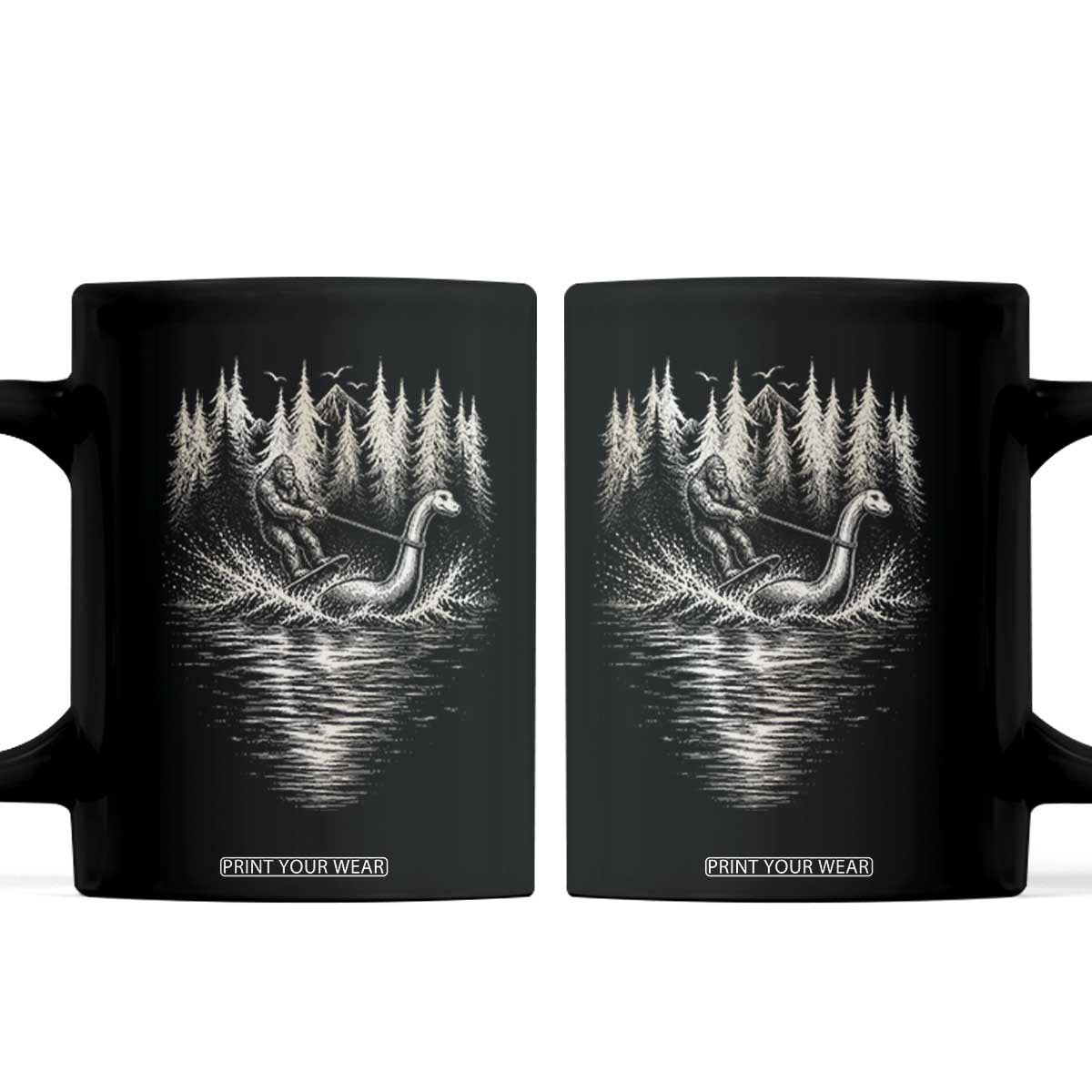 Funny Bigfoot Water Skiing Behind Nessie Coffee Mug Cryptid Lover