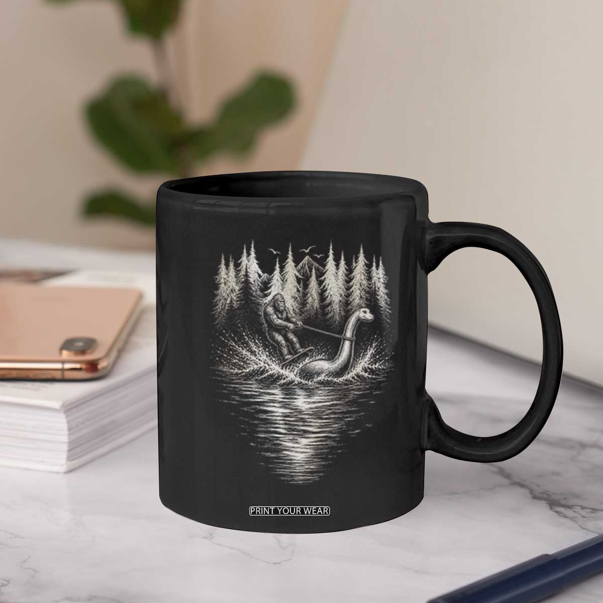 Funny Bigfoot Water Skiing Behind Nessie Coffee Mug Cryptid Lover