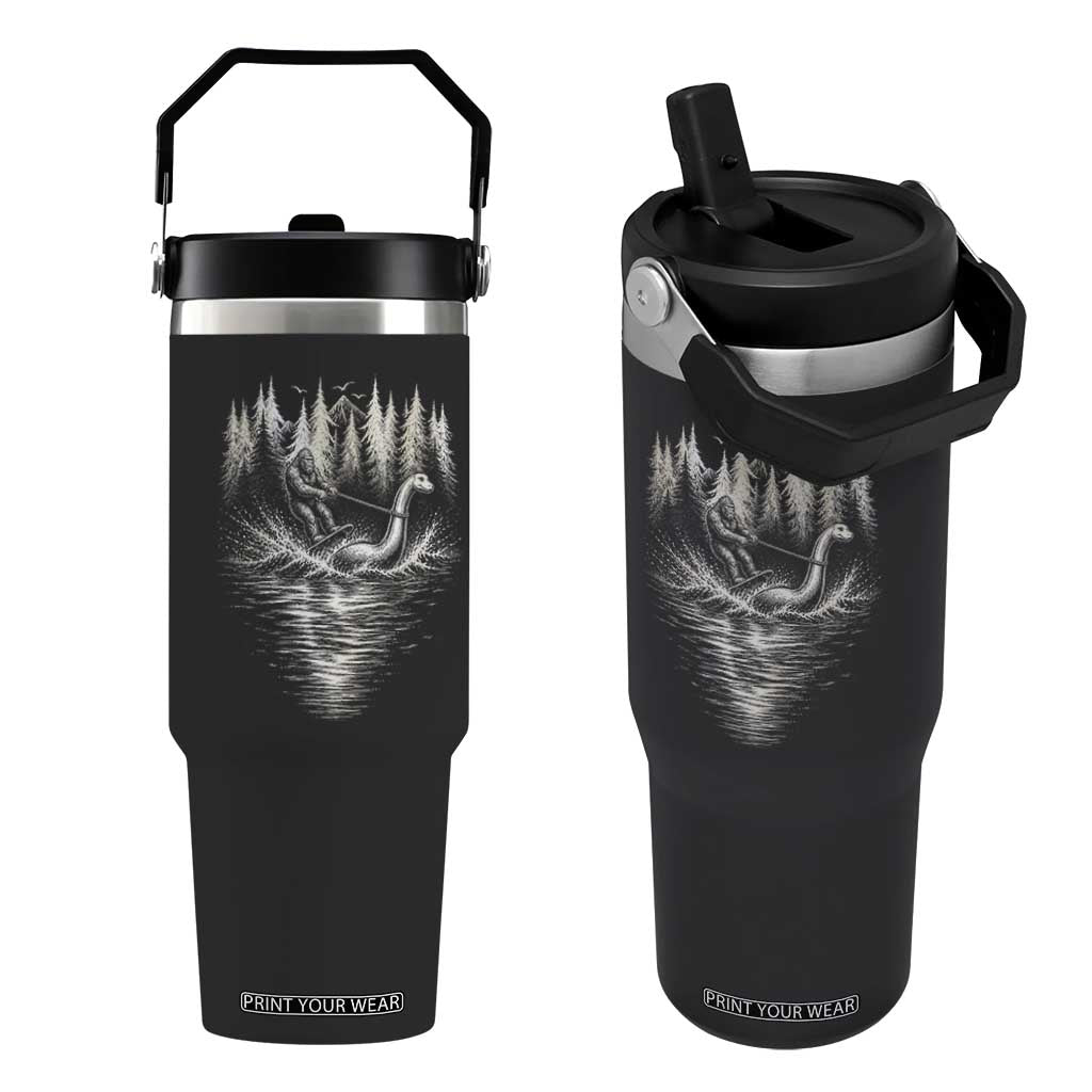 Funny Bigfoot Water Skiing Behind Nessie Flip Straw Tumbler Cryptid Lover