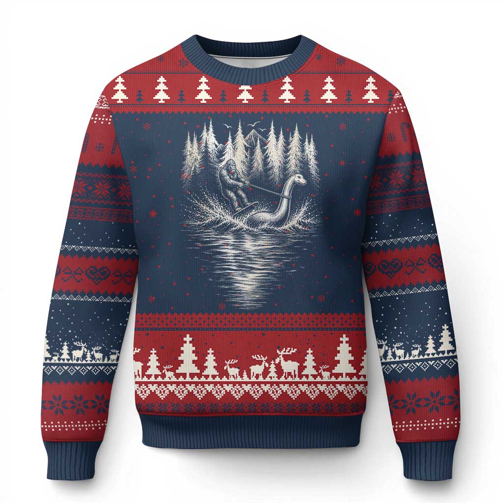 Funny Bigfoot Water Skiing Behind Nessie Ugly Christmas Sweater Cryptid Lover