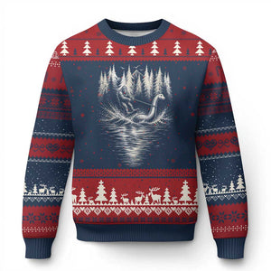 Funny Bigfoot Water Skiing Behind Nessie Ugly Christmas Sweater Cryptid Lover