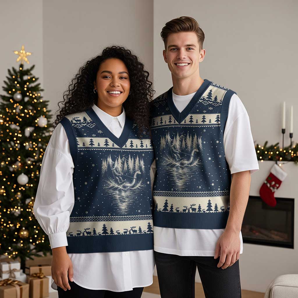 Funny Bigfoot Water Skiing Behind Nessie V-Neck Knit Sweater Vest Cryptid Lover