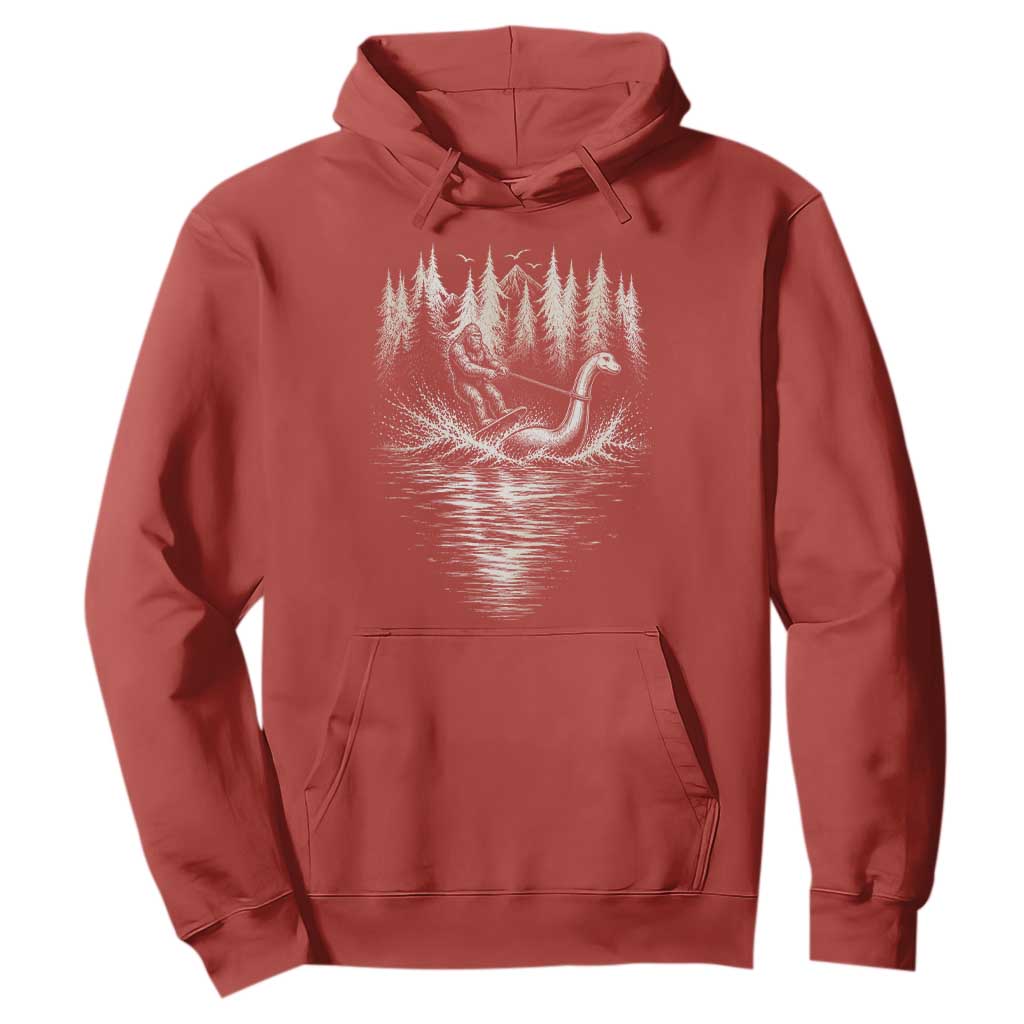 Funny Bigfoot Water Skiing Behind Nessie Hoodie Cryptid Lover