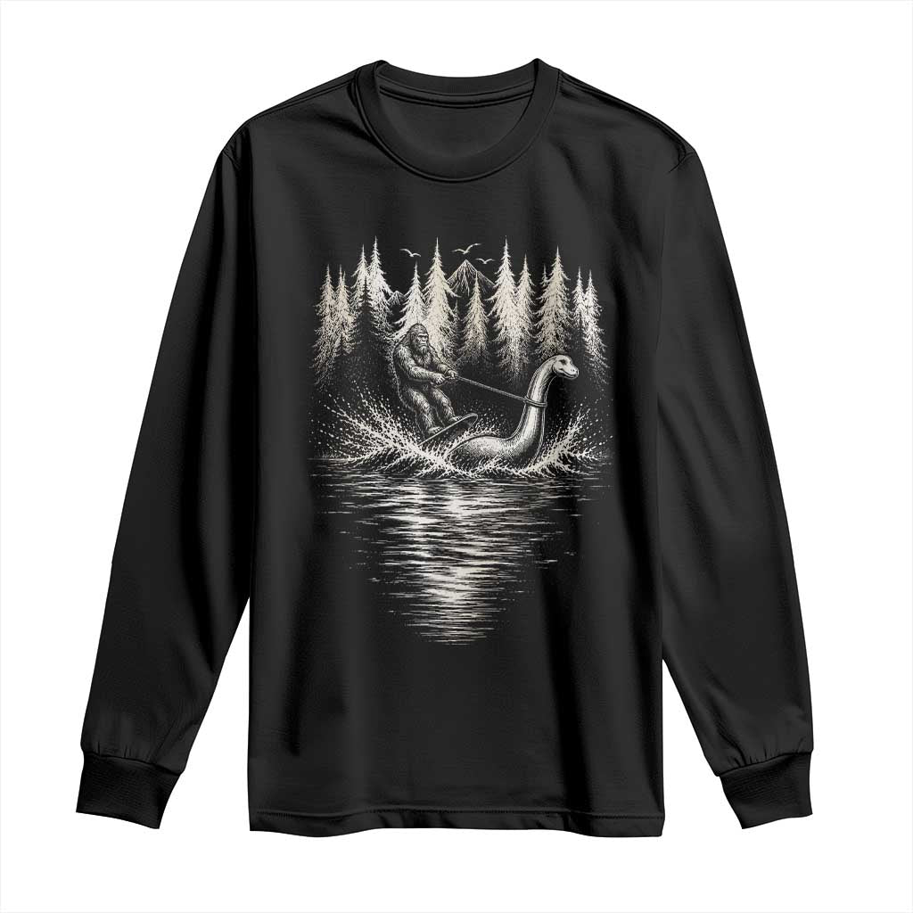 Funny Bigfoot Water Skiing Behind Nessie Long Sleeve Shirt Cryptid Lover