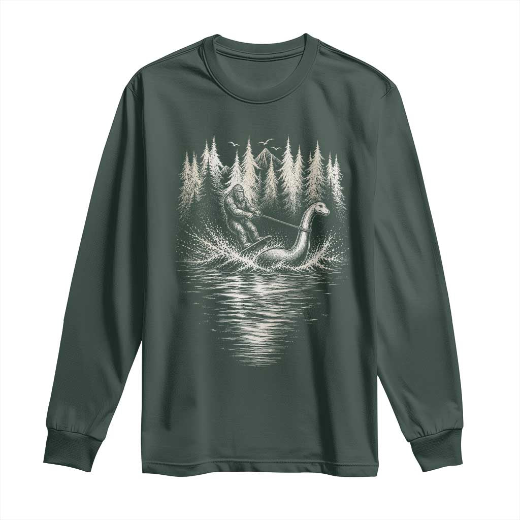 Funny Bigfoot Water Skiing Behind Nessie Long Sleeve Shirt Cryptid Lover