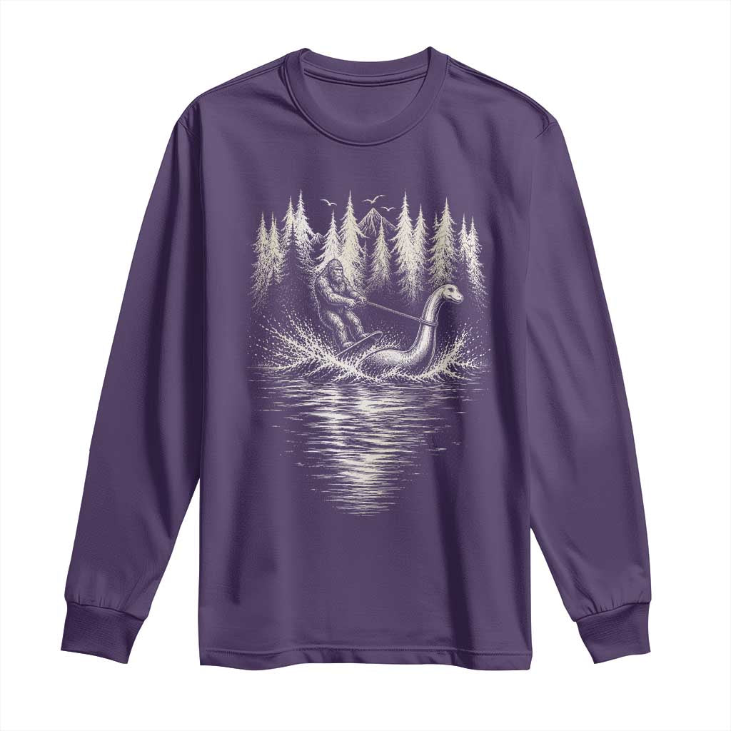 Funny Bigfoot Water Skiing Behind Nessie Long Sleeve Shirt Cryptid Lover