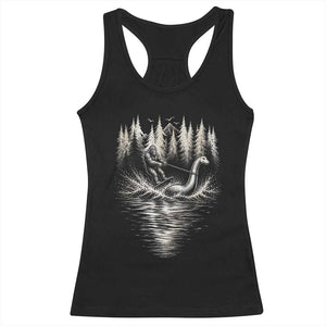 Funny Bigfoot Water Skiing Behind Nessie Racerback Tank Top Cryptid Lover