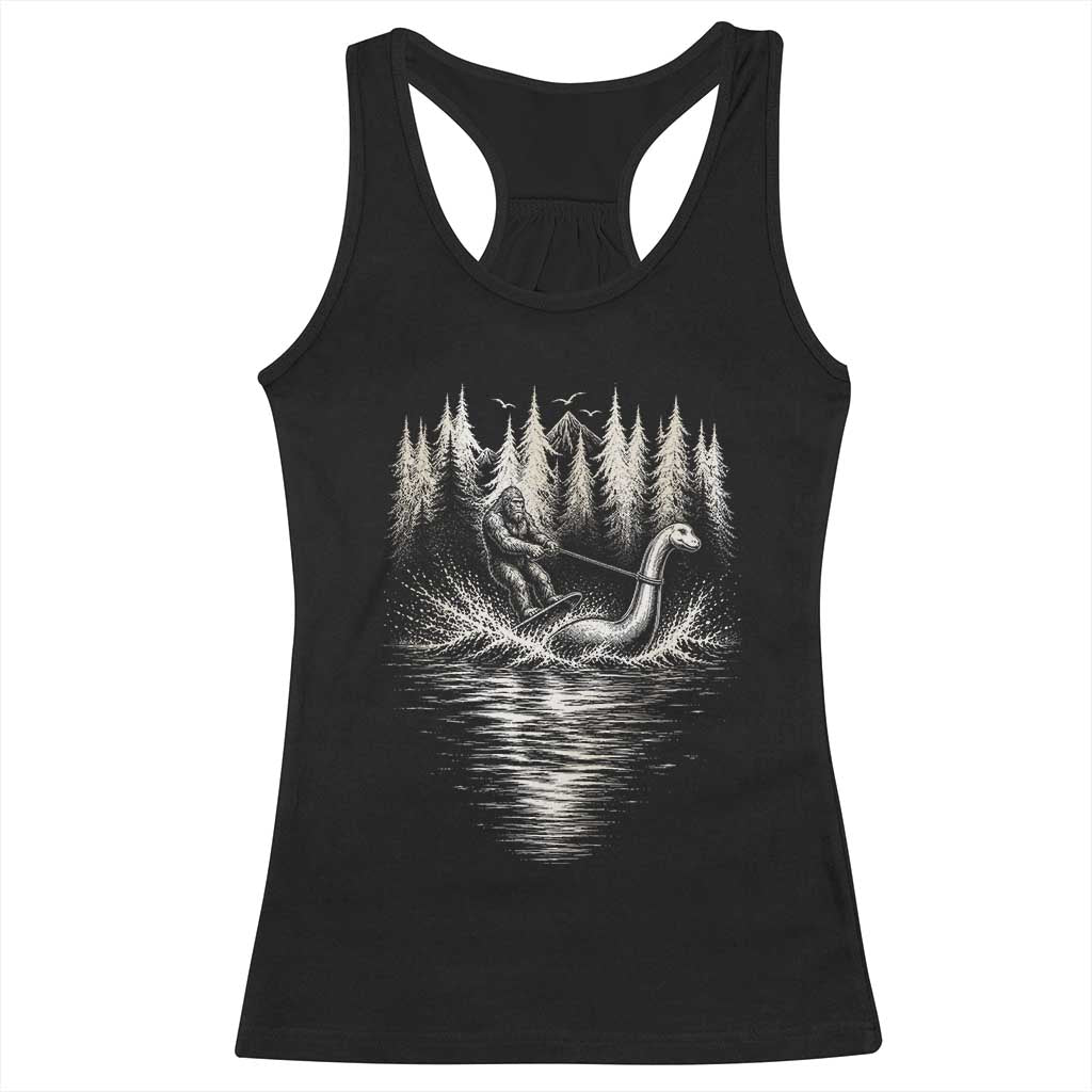 Funny Bigfoot Water Skiing Behind Nessie Racerback Tank Top Cryptid Lover TS12 Black Print Your Wear