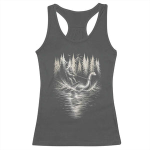 Funny Bigfoot Water Skiing Behind Nessie Racerback Tank Top Cryptid Lover