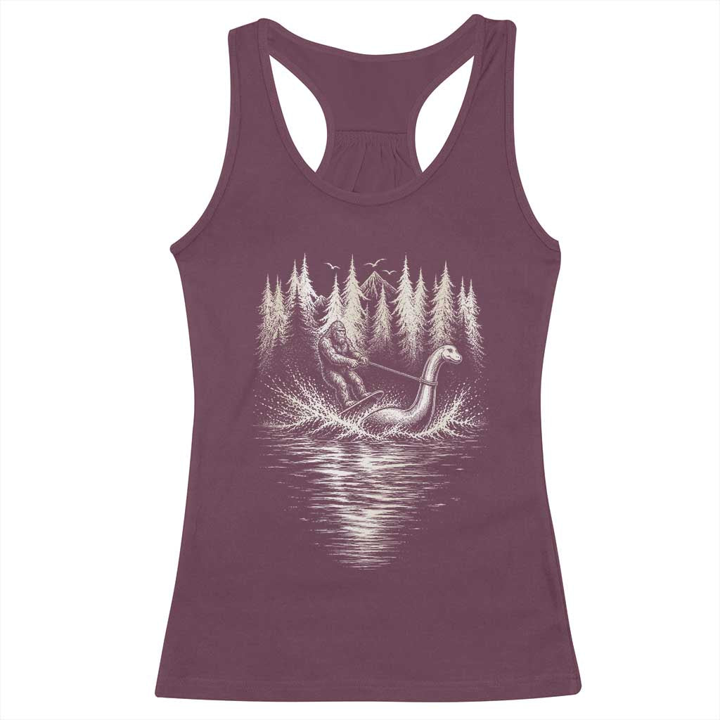 Funny Bigfoot Water Skiing Behind Nessie Racerback Tank Top Cryptid Lover