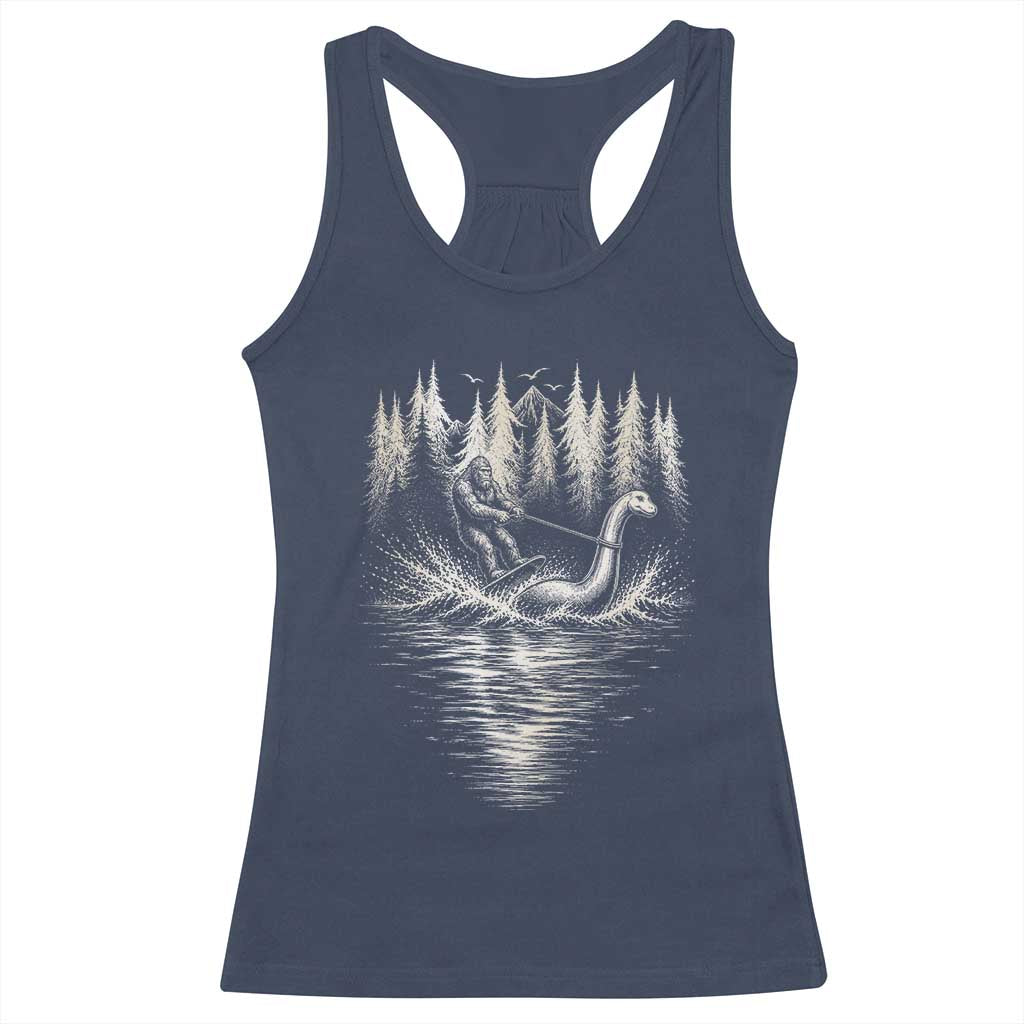 Funny Bigfoot Water Skiing Behind Nessie Racerback Tank Top Cryptid Lover
