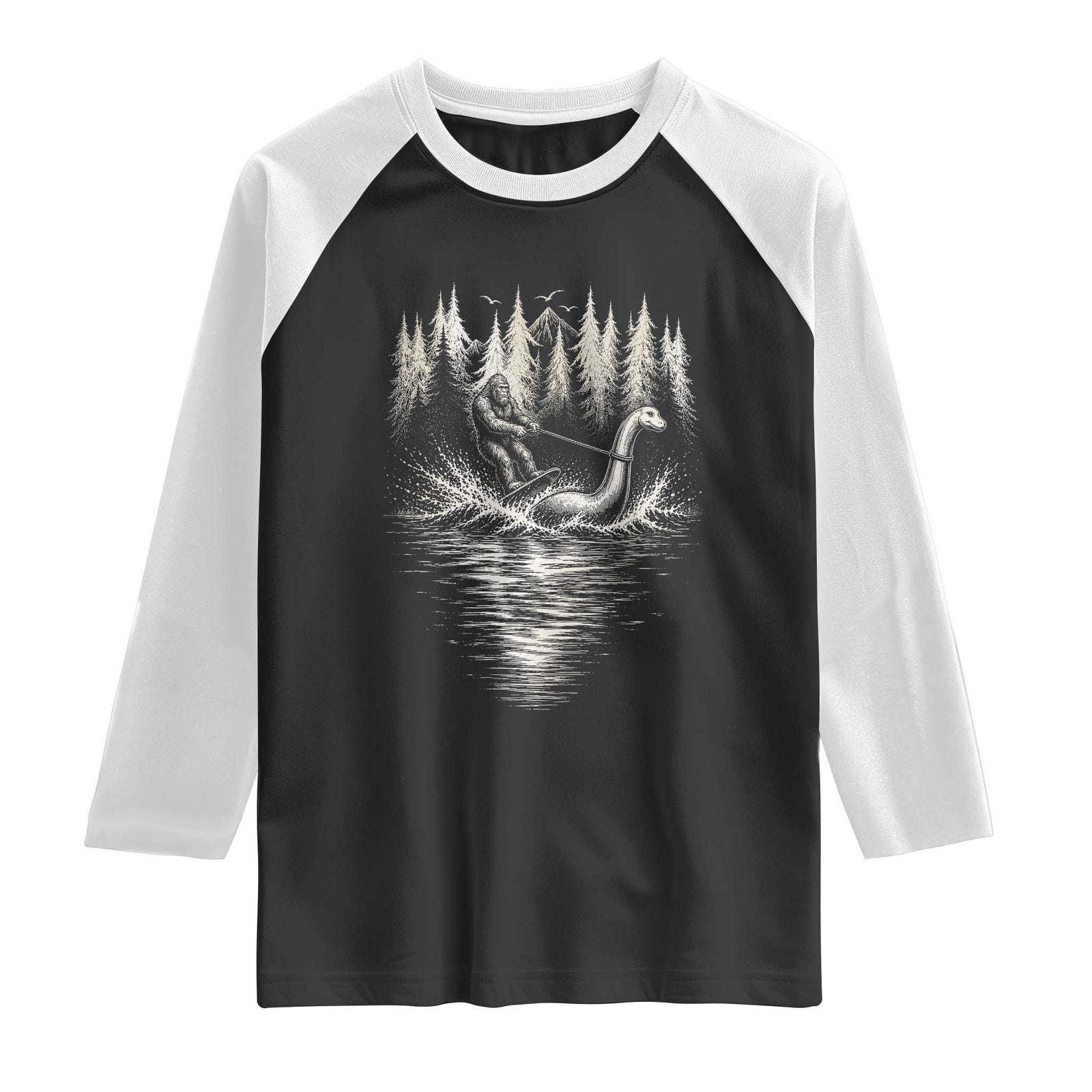 Funny Bigfoot Water Skiing Behind Nessie Raglan Shirt Cryptid Lover TS12 Black White Print Your Wear