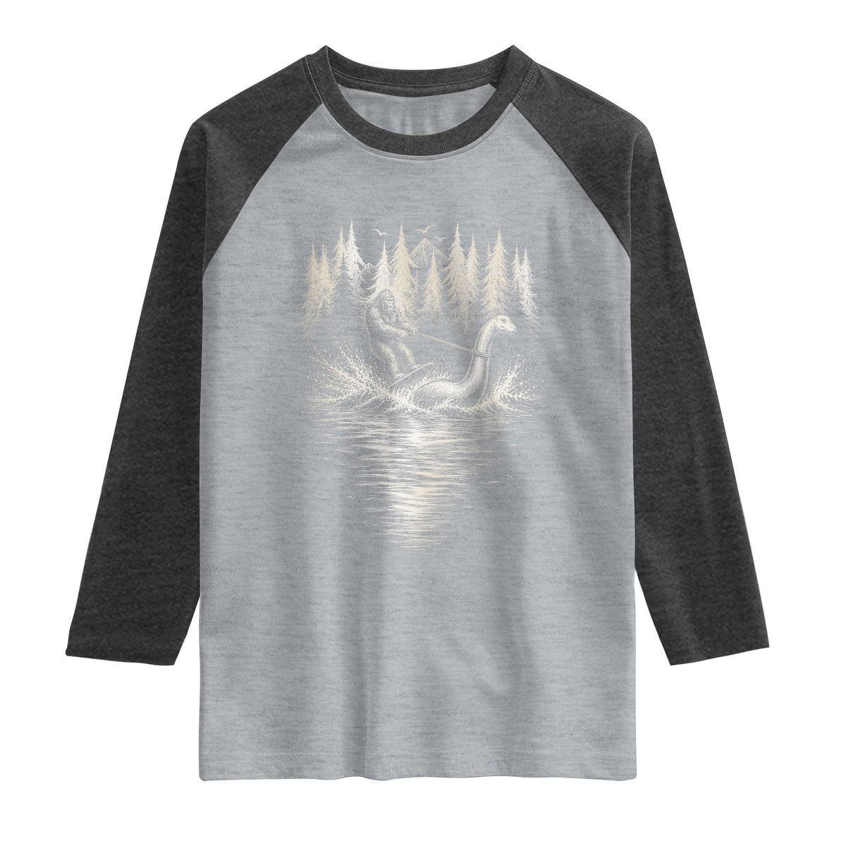 Funny Bigfoot Water Skiing Behind Nessie Raglan Shirt Cryptid Lover