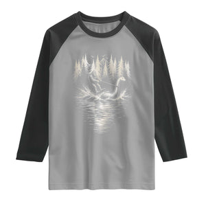 Funny Bigfoot Water Skiing Behind Nessie Raglan Shirt Cryptid Lover