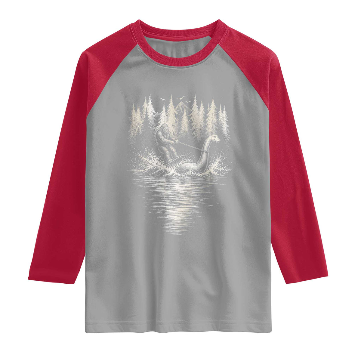 Funny Bigfoot Water Skiing Behind Nessie Raglan Shirt Cryptid Lover