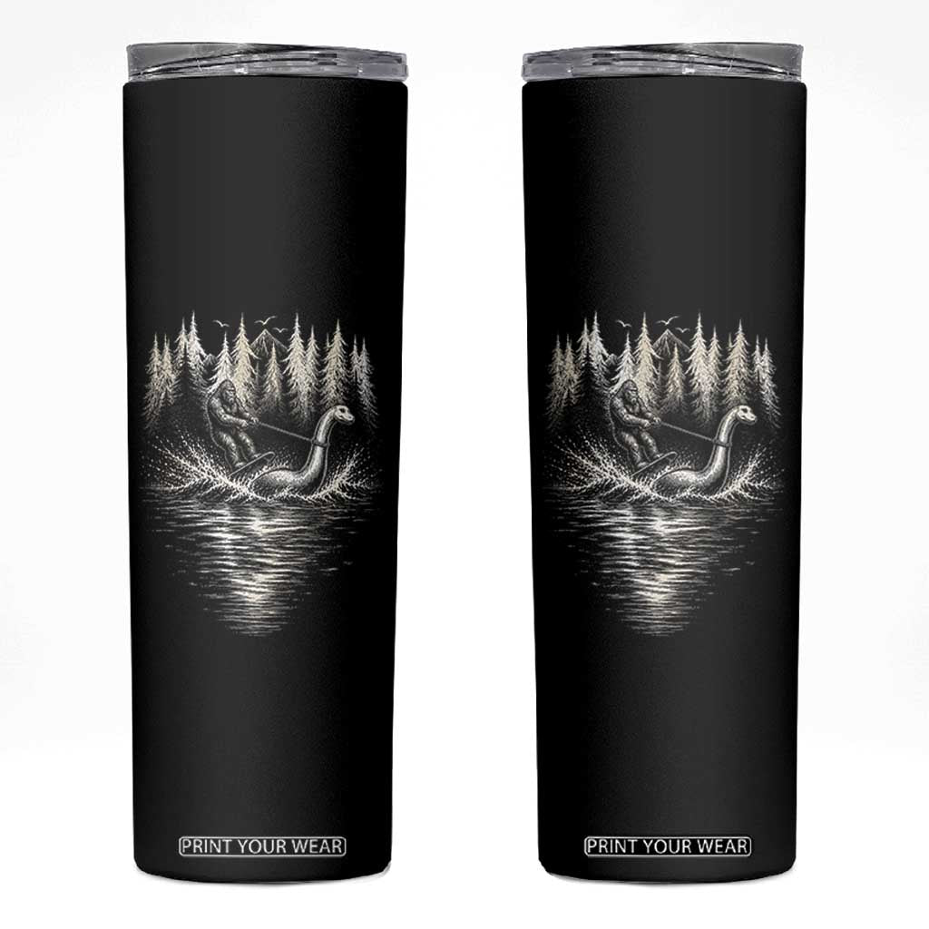 Funny Bigfoot Water Skiing Behind Nessie Skinny Tumbler Cryptid Lover