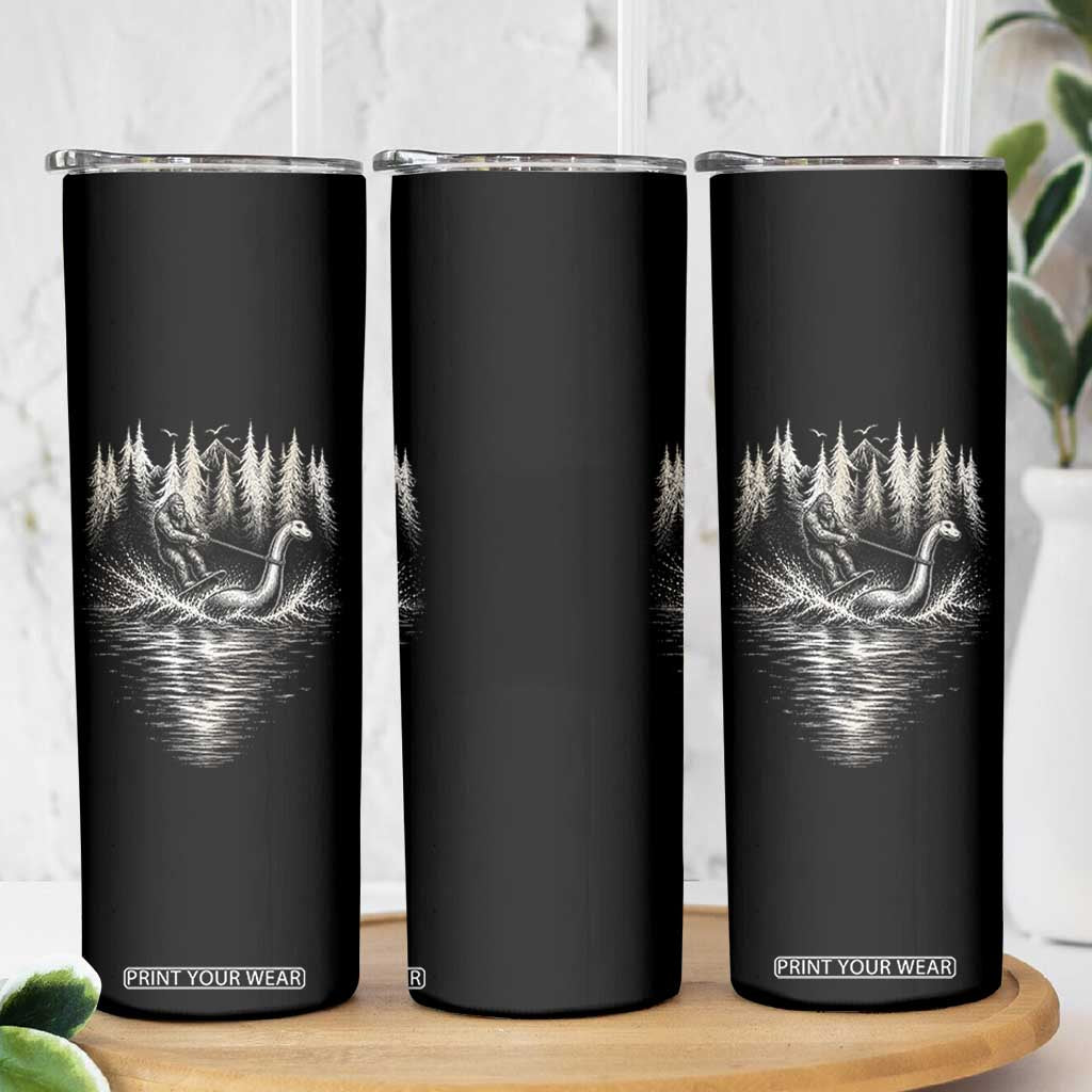 Funny Bigfoot Water Skiing Behind Nessie Skinny Tumbler Cryptid Lover