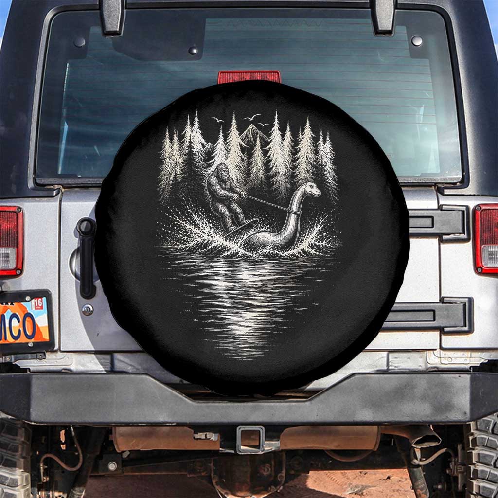 Funny Bigfoot Water Skiing Behind Nessie Spare Tire Cover Cryptid Lover TS12 No hole Black Print Your Wear