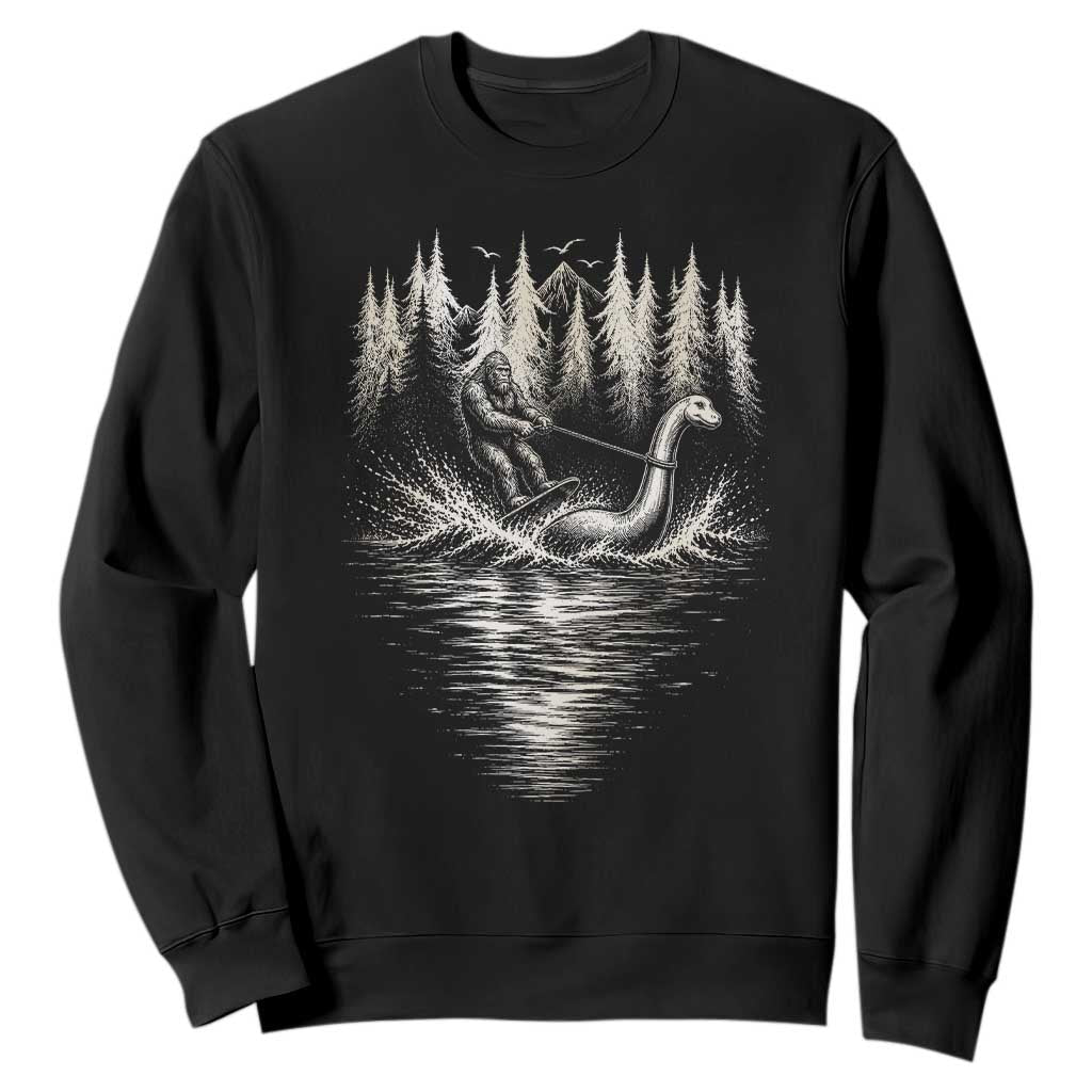 Funny Bigfoot Water Skiing Behind Nessie Sweatshirt Cryptid Lover