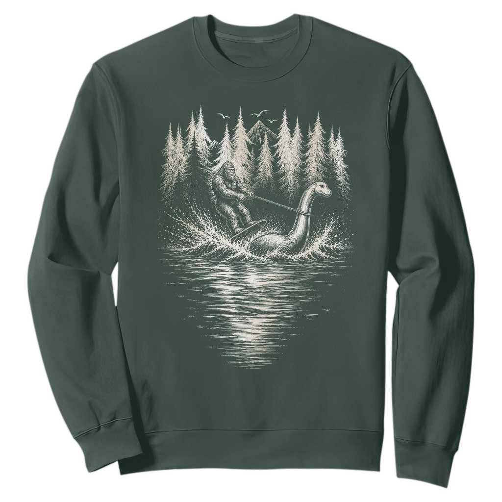 Funny Bigfoot Water Skiing Behind Nessie Sweatshirt Cryptid Lover