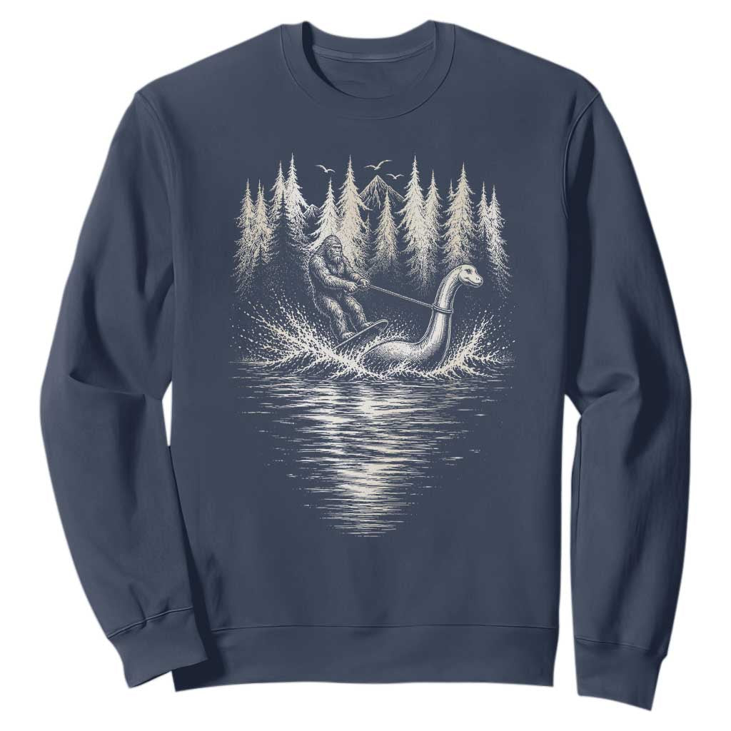 Funny Bigfoot Water Skiing Behind Nessie Sweatshirt Cryptid Lover