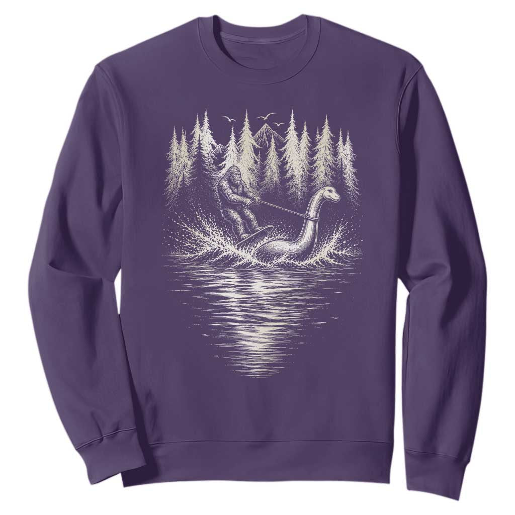 Funny Bigfoot Water Skiing Behind Nessie Sweatshirt Cryptid Lover