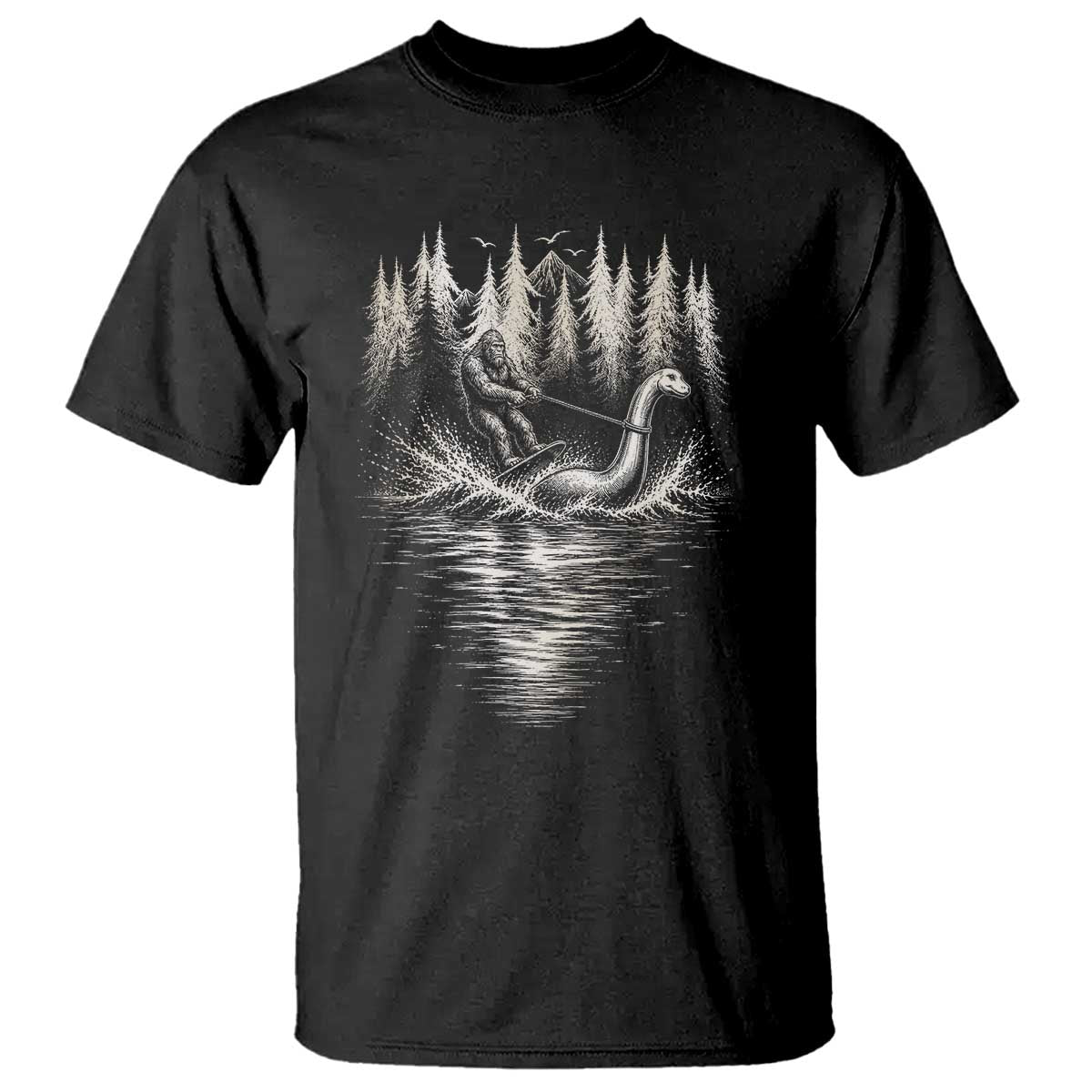 Funny Bigfoot Water Skiing Behind Nessie T Shirt Cryptid Lover