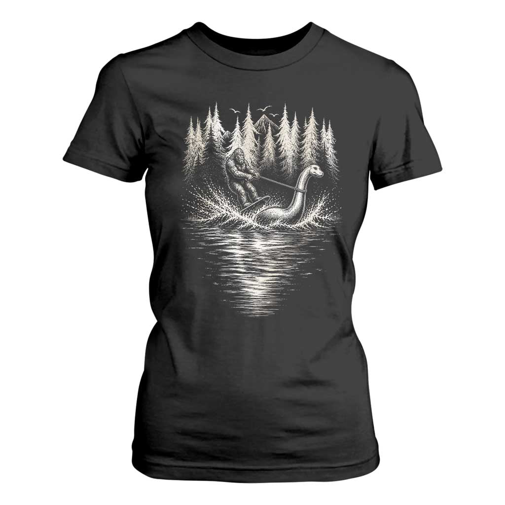 Funny Bigfoot Water Skiing Behind Nessie T Shirt For Women Cryptid Lover