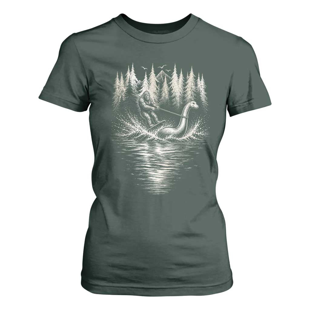 Funny Bigfoot Water Skiing Behind Nessie T Shirt For Women Cryptid Lover