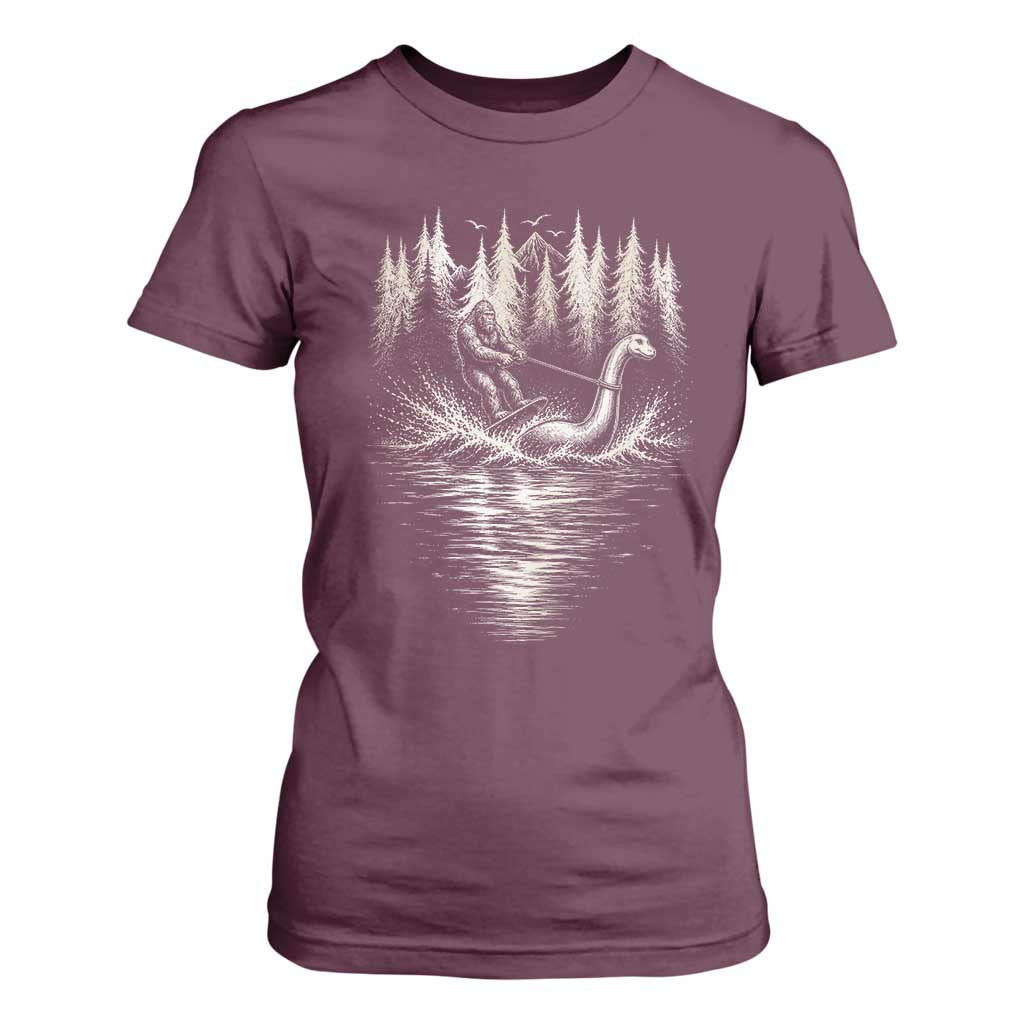 Funny Bigfoot Water Skiing Behind Nessie T Shirt For Women Cryptid Lover