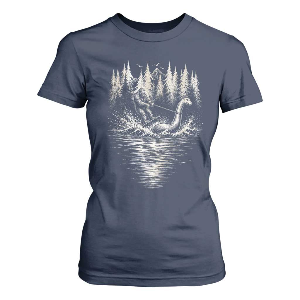 Funny Bigfoot Water Skiing Behind Nessie T Shirt For Women Cryptid Lover