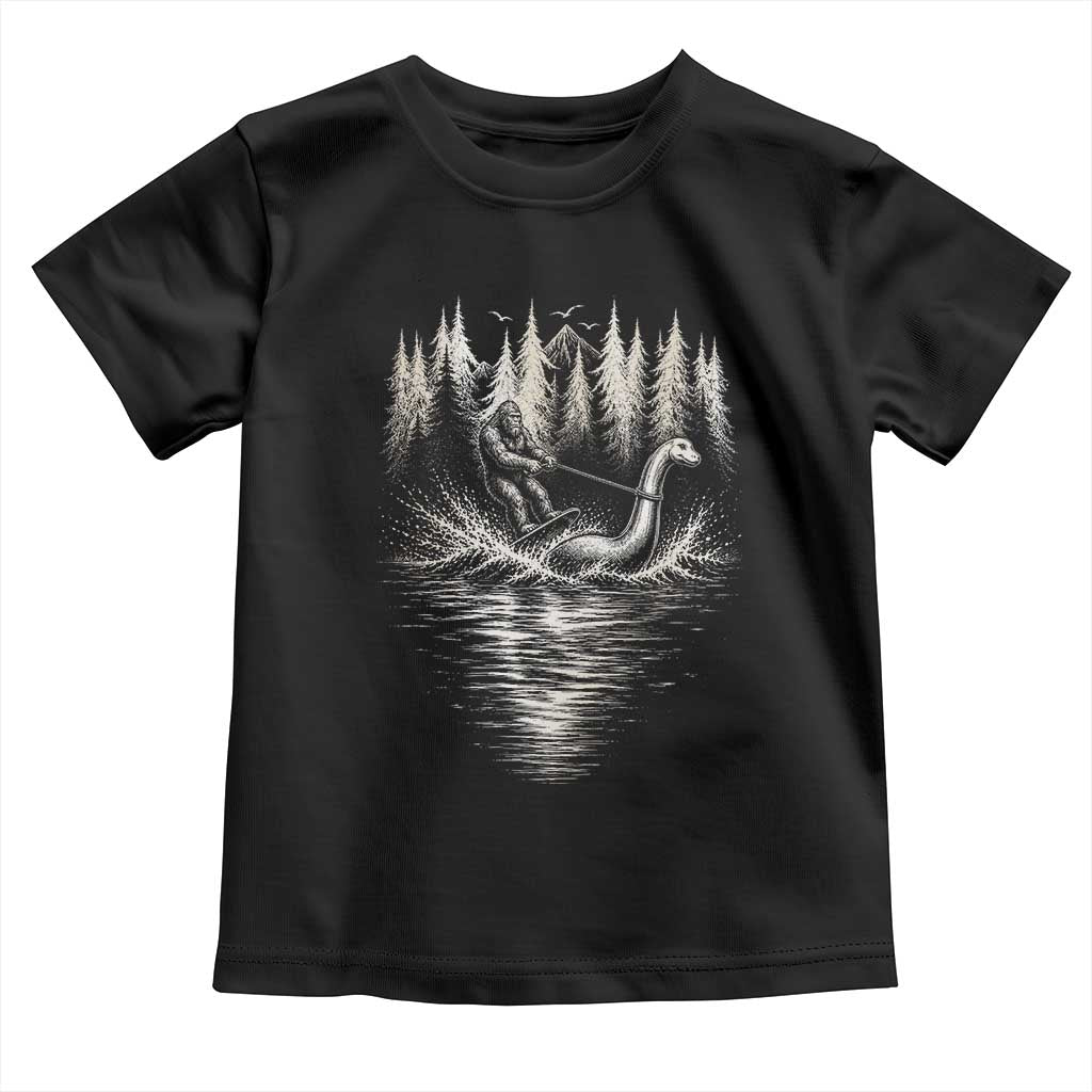 Funny Bigfoot Water Skiing Behind Nessie Toddler T Shirt Cryptid Lover TS12 Black Print Your Wear