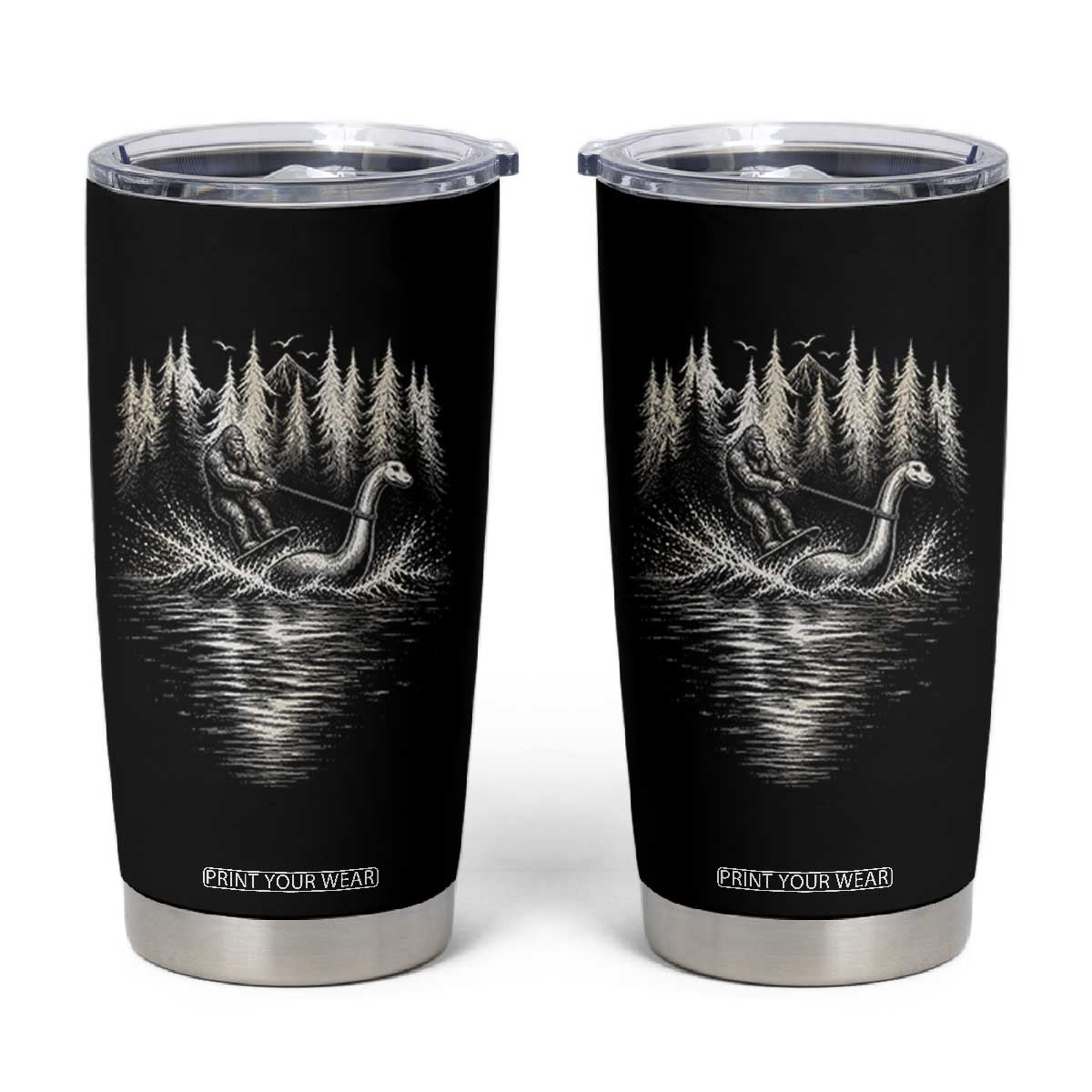 Funny Bigfoot Water Skiing Behind Nessie Tumbler Cup Cryptid Lover