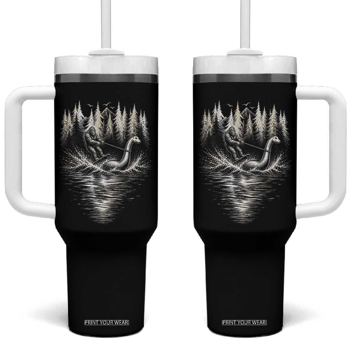 Funny Bigfoot Water Skiing Behind Nessie Tumbler With Handle Cryptid Lover