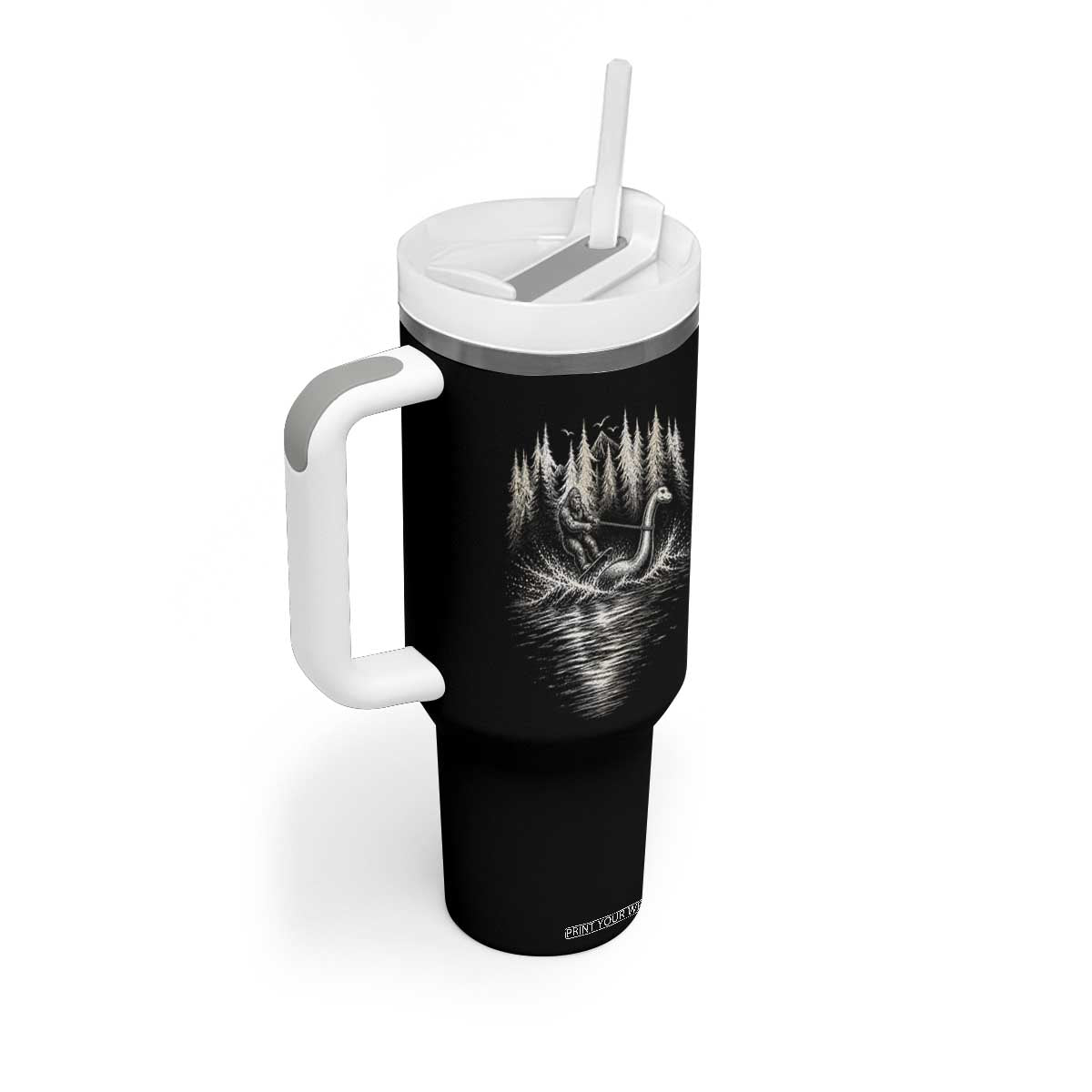 Funny Bigfoot Water Skiing Behind Nessie Tumbler With Handle Cryptid Lover