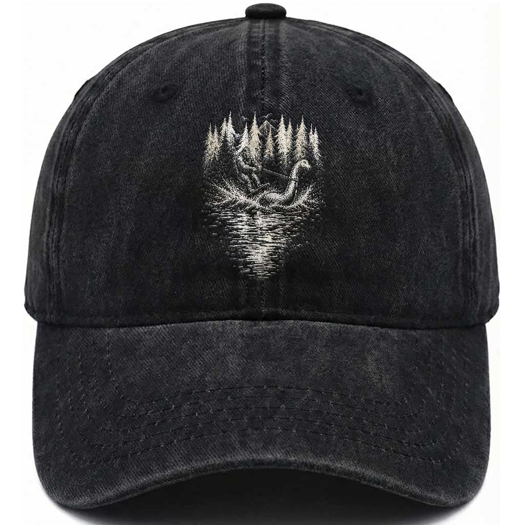 Funny Bigfoot Water Skiing Behind Nessie Washed Cotton Baseball Cap Cryptid Lover TS12 Print Your Wear
