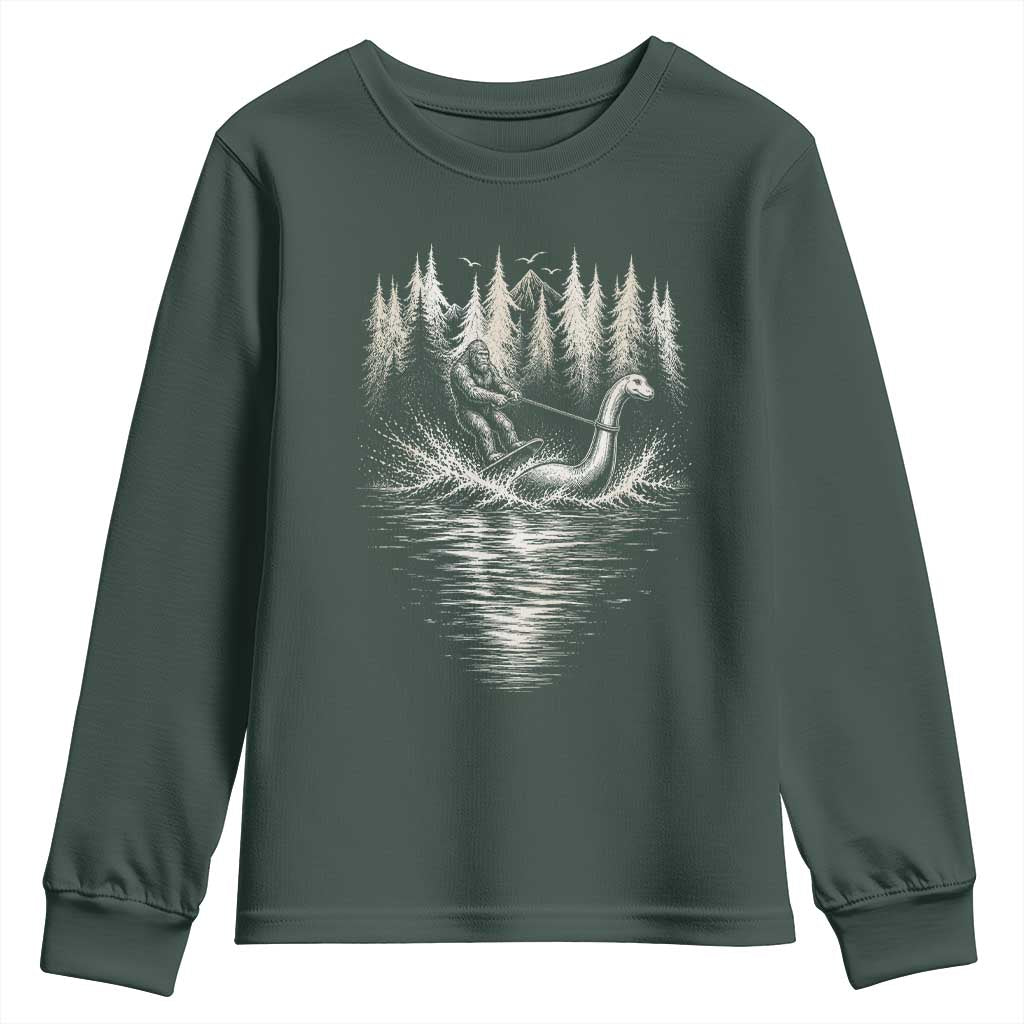 Funny Bigfoot Water Skiing Behind Nessie Youth Sweatshirt Cryptid Lover