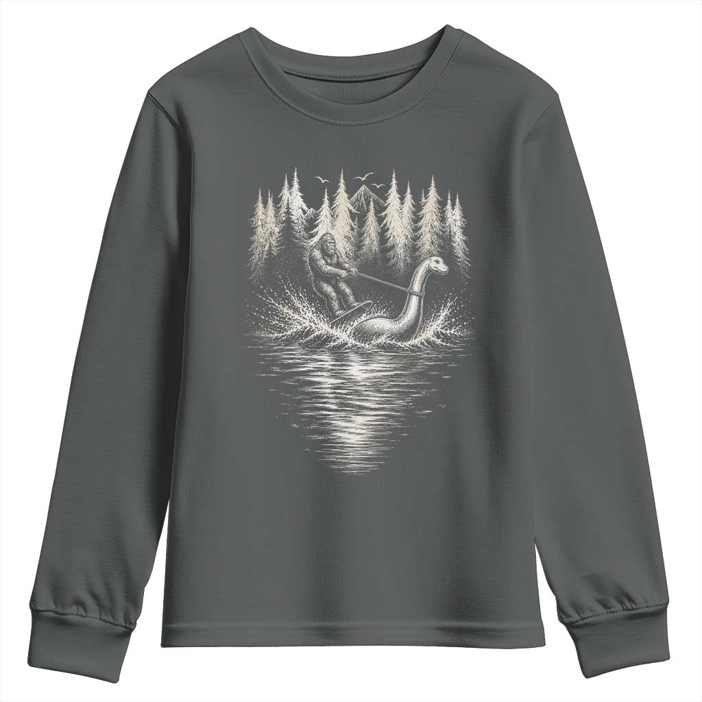 Funny Bigfoot Water Skiing Behind Nessie Youth Sweatshirt Cryptid Lover