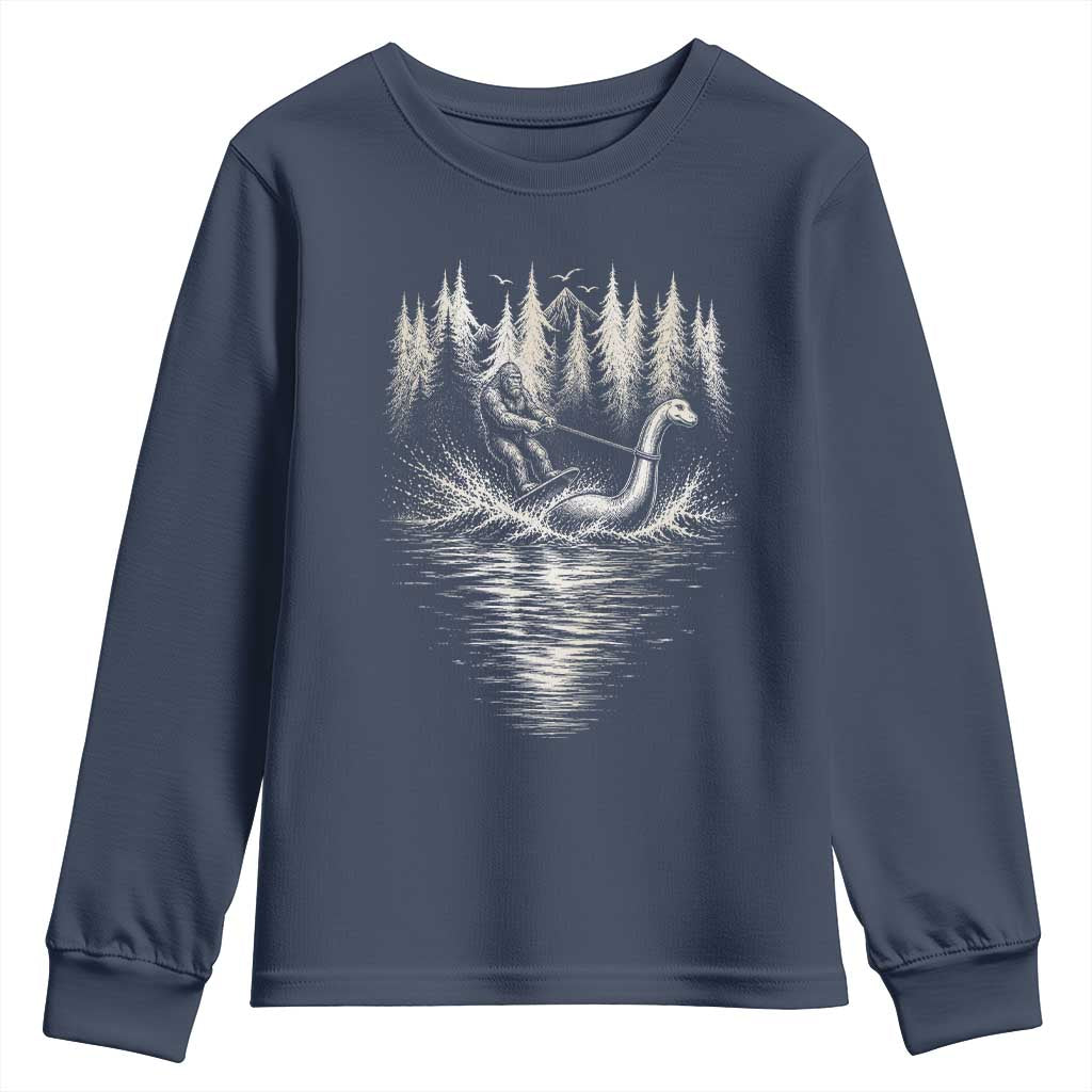 Funny Bigfoot Water Skiing Behind Nessie Youth Sweatshirt Cryptid Lover