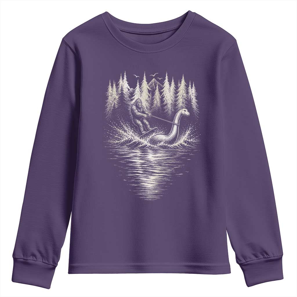 Funny Bigfoot Water Skiing Behind Nessie Youth Sweatshirt Cryptid Lover
