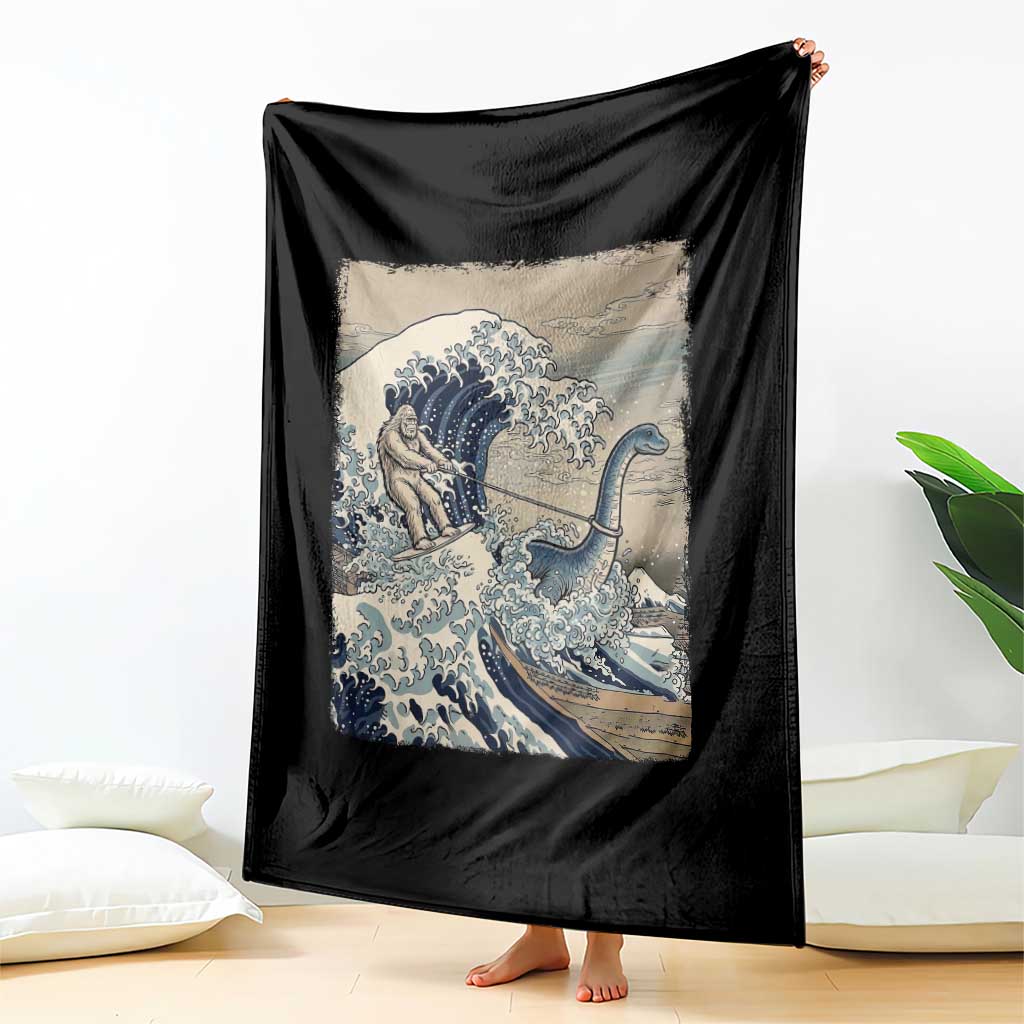 Funny Bigfoot Water Skiing Behind Nessie Throw Blanket Ukiyoe Inspired Wave Art