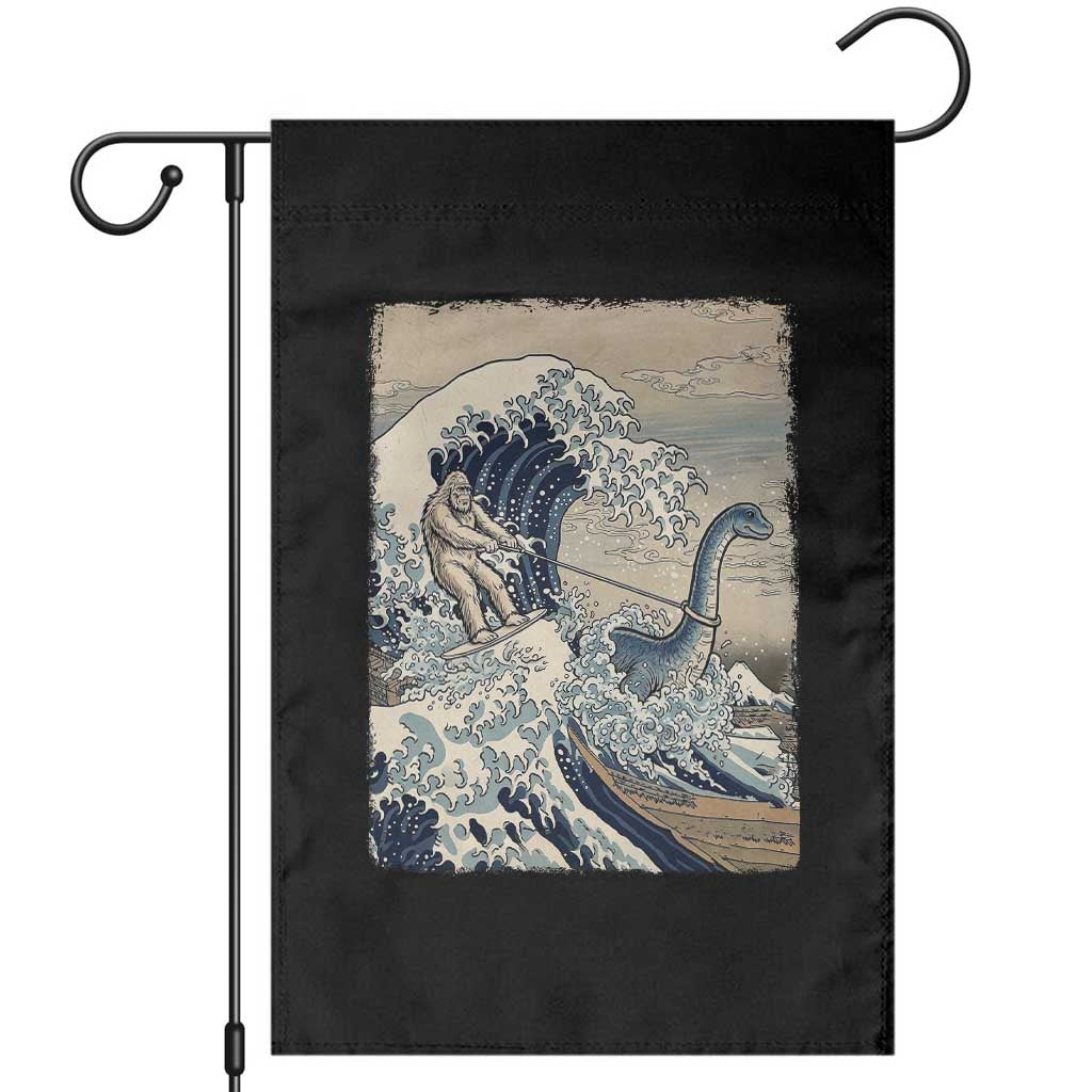 Funny Bigfoot Water Skiing Behind Nessie Garden Flag Ukiyoe Inspired Wave Art TS12 Black Print Your Wear