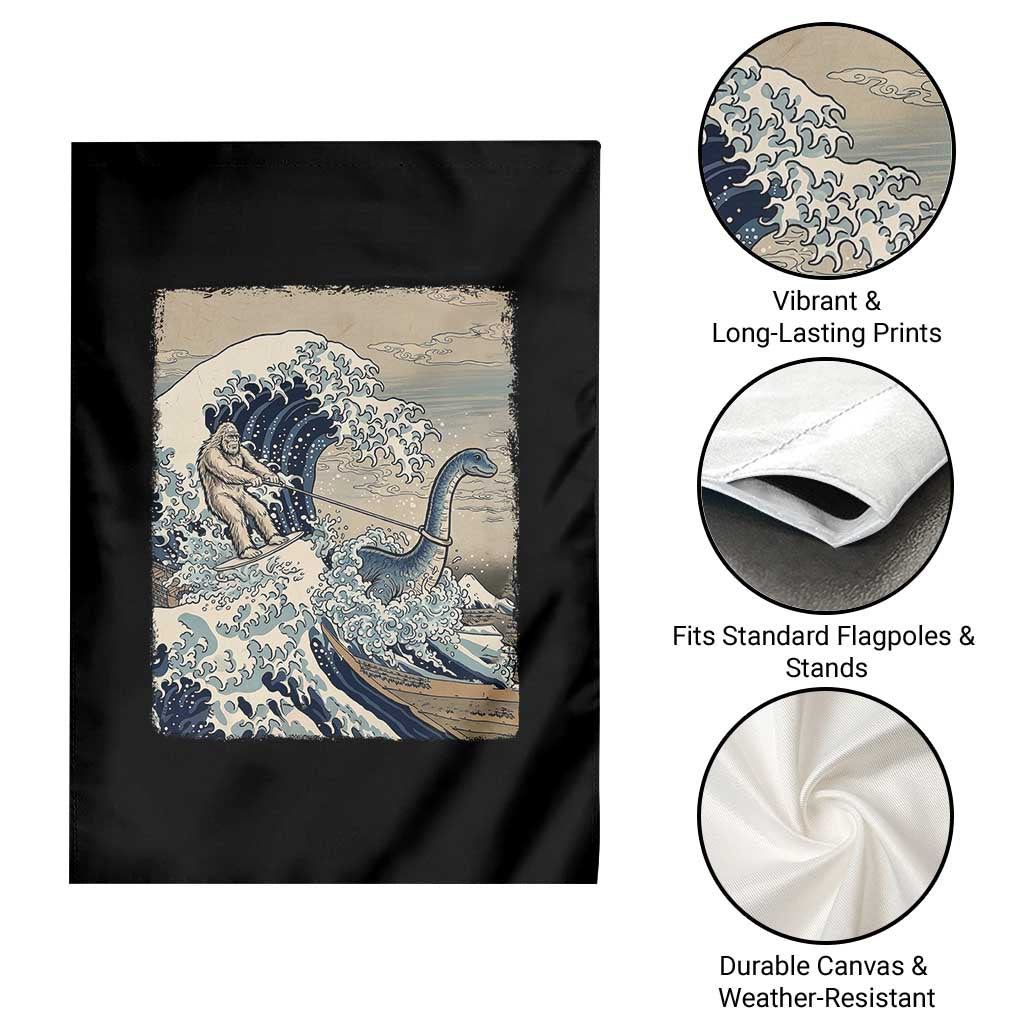 Funny Bigfoot Water Skiing Behind Nessie Garden Flag Ukiyoe Inspired Wave Art