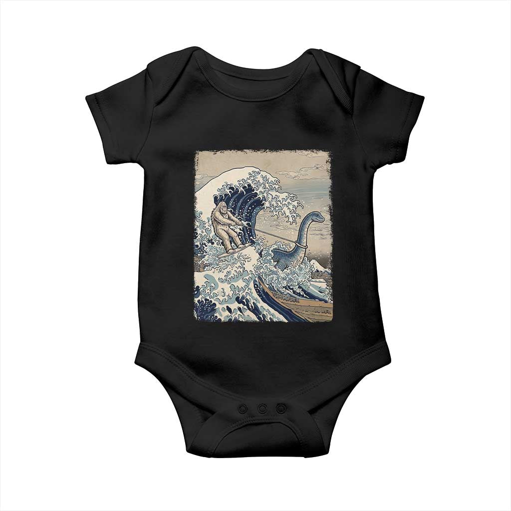 Funny Bigfoot Water Skiing Behind Nessie Baby Onesie Ukiyoe Inspired Wave Art TS12 Black Print Your Wear