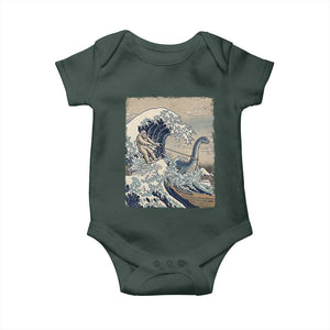Funny Bigfoot Water Skiing Behind Nessie Baby Onesie Ukiyoe Inspired Wave Art